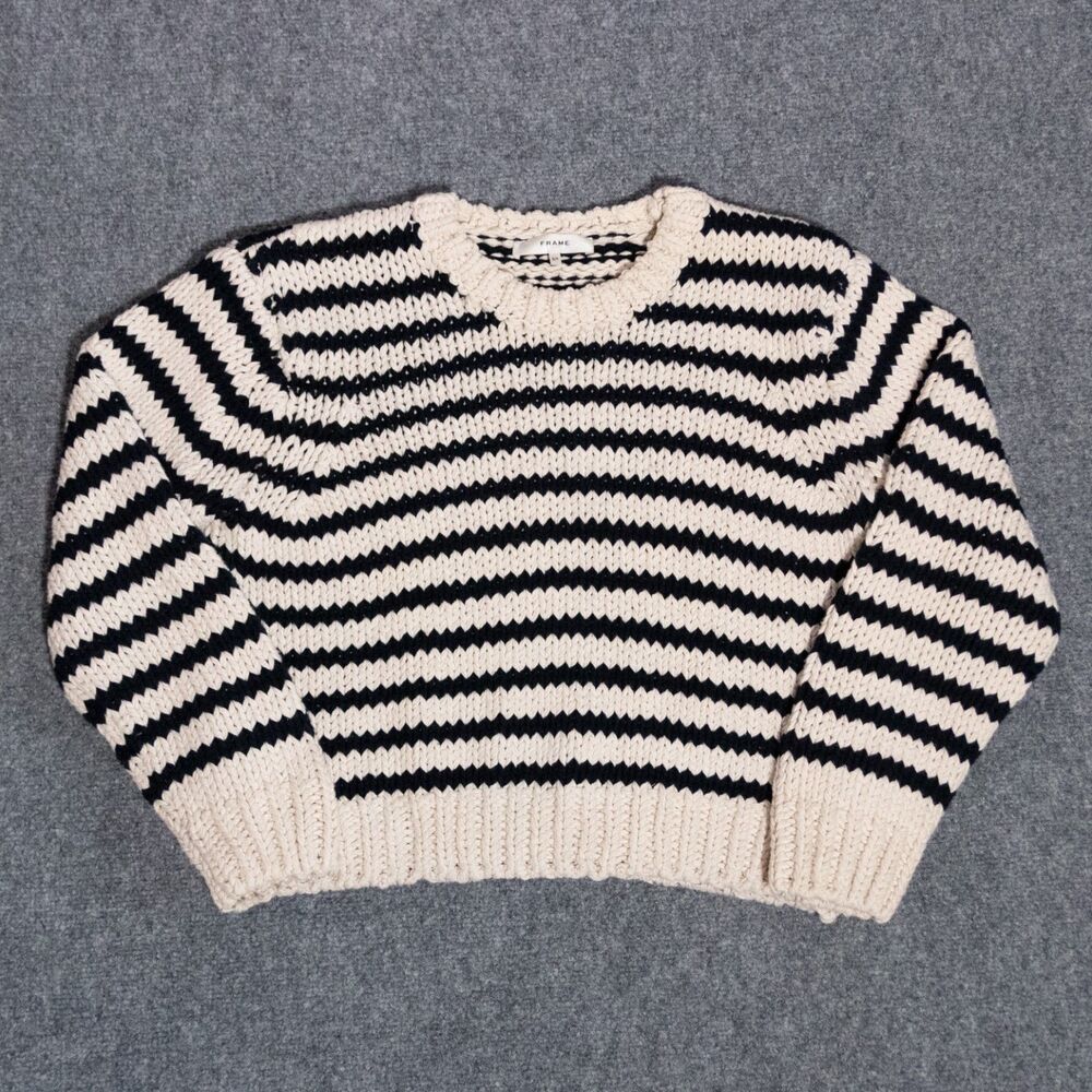 FRAME Striped Open Chunky Knit Crew Sweater Women's Small Heavyweight Cotton